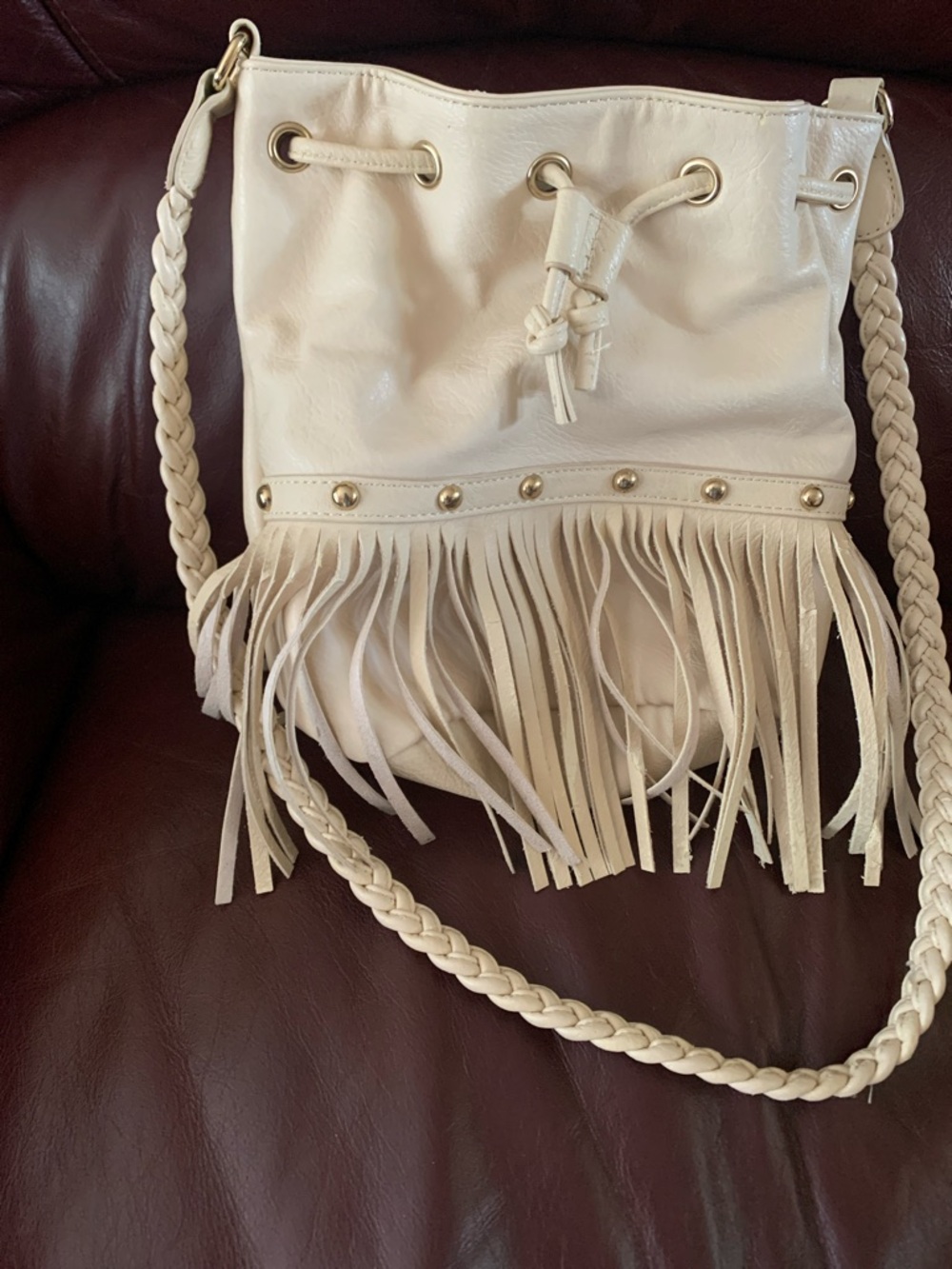Braided Fringe Drawstring Crossbody Bag in Cream